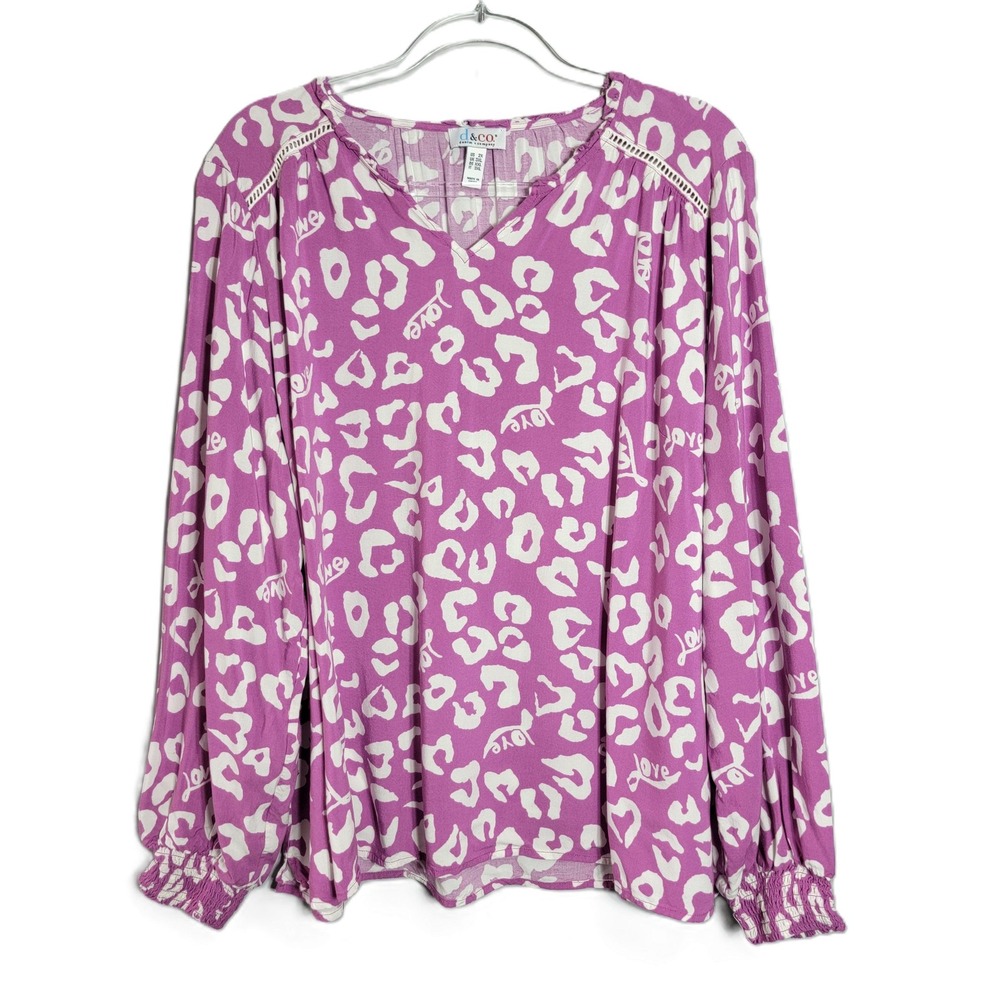 Denim & Co Womens 2X Purple Heart Leopard Print Rayon V-Neck Peasant Blouse Top‎